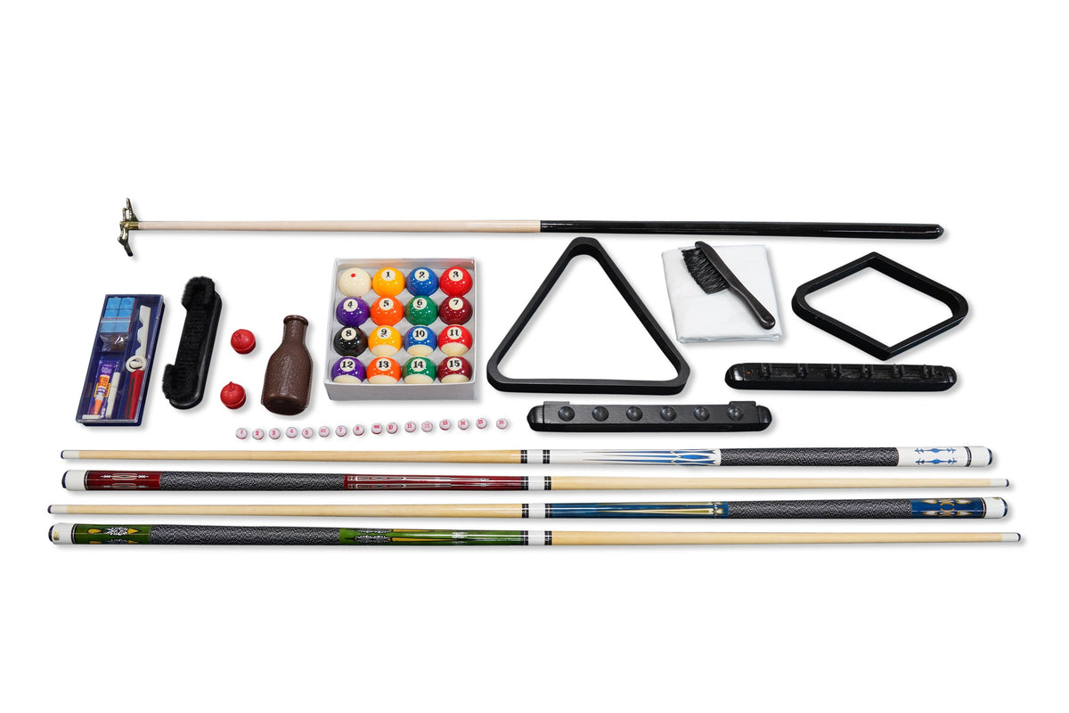 Premium 32-Piece Accessory pool kit with four cues, colorful balls, black triangle rack, chalk, brushes, and score markers laid out on white.