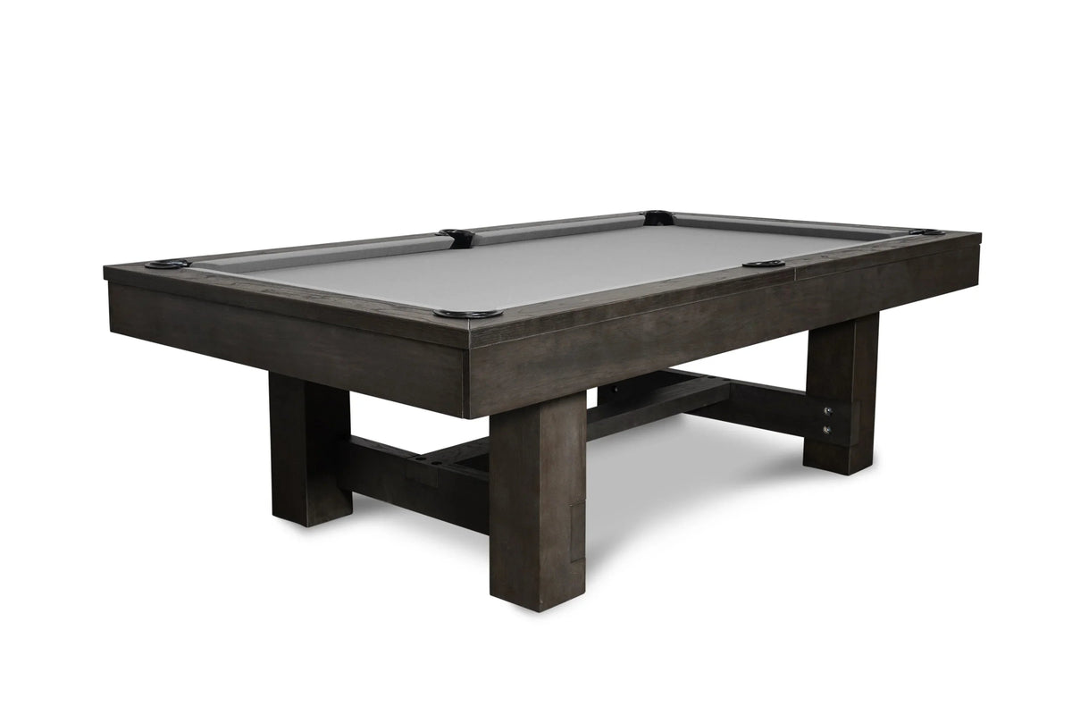 Isabella Dakota Slate billiard table in charcoal wood finish with grey felt, solid oak construction, and modern block legs.