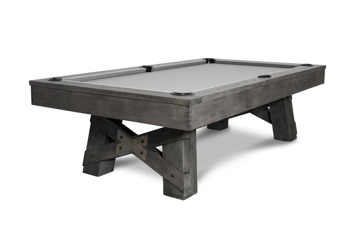Georgia slate pool table in Grayson Grey finish with wooden X legs and grey felt, featuring leather drop pockets and sturdy construction.