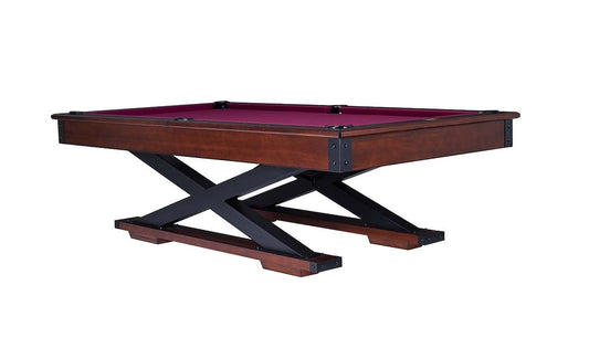 The Quest pool table in a Navajo finish designed by American Heritage with dark magenta-colored felt.