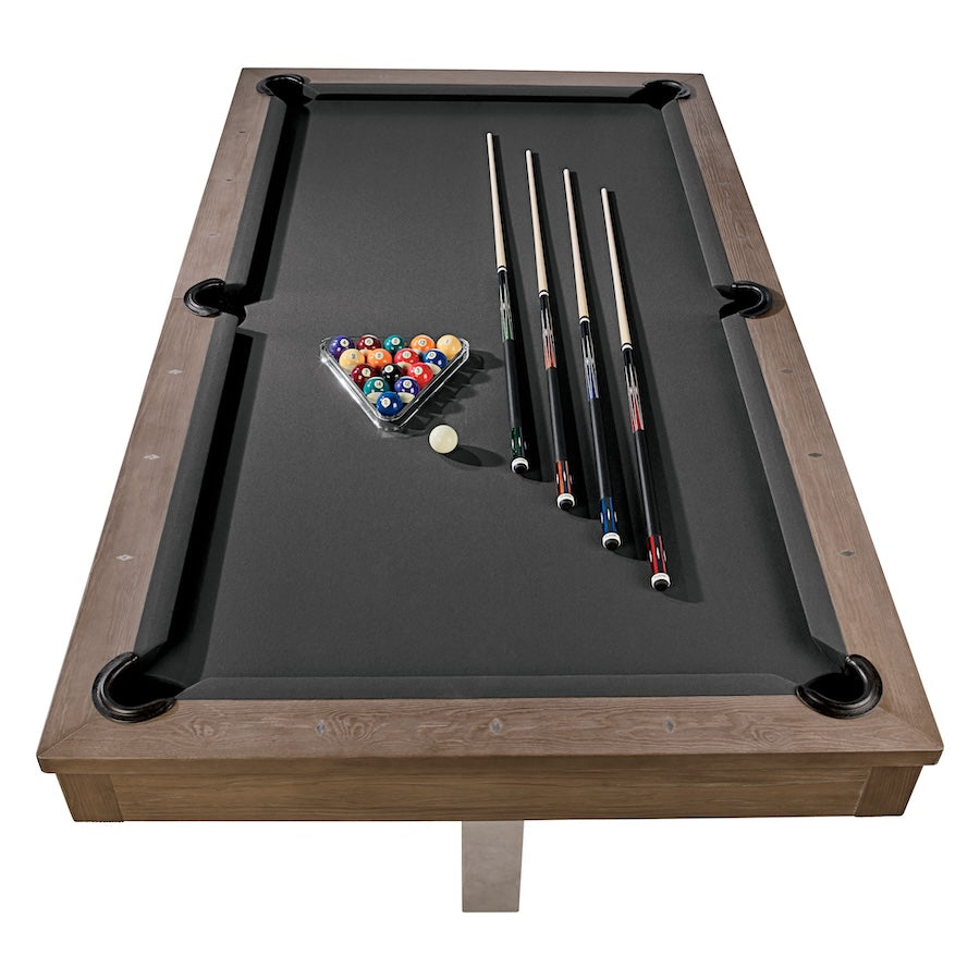 Elevated end view of the Abbey pool table by American Heritage in an antique gray finish with gray felt.