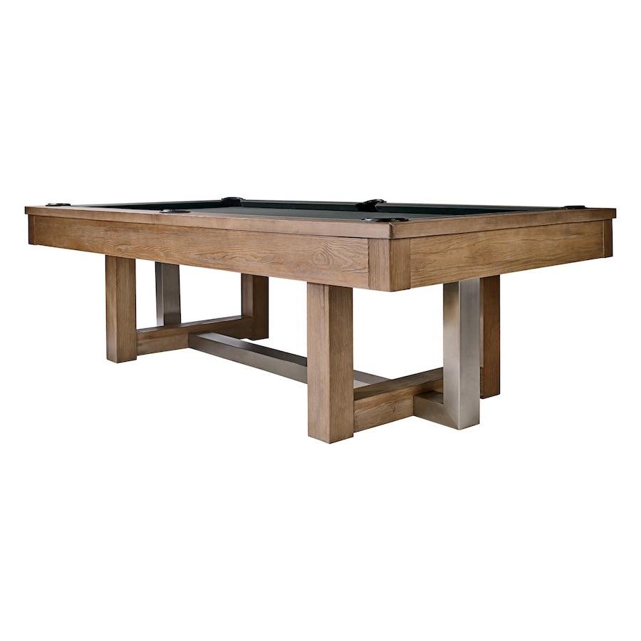 Corner view of the Abbey Pool Table with gray felt and an Antique Gray finish designed by American Heritage. White background.