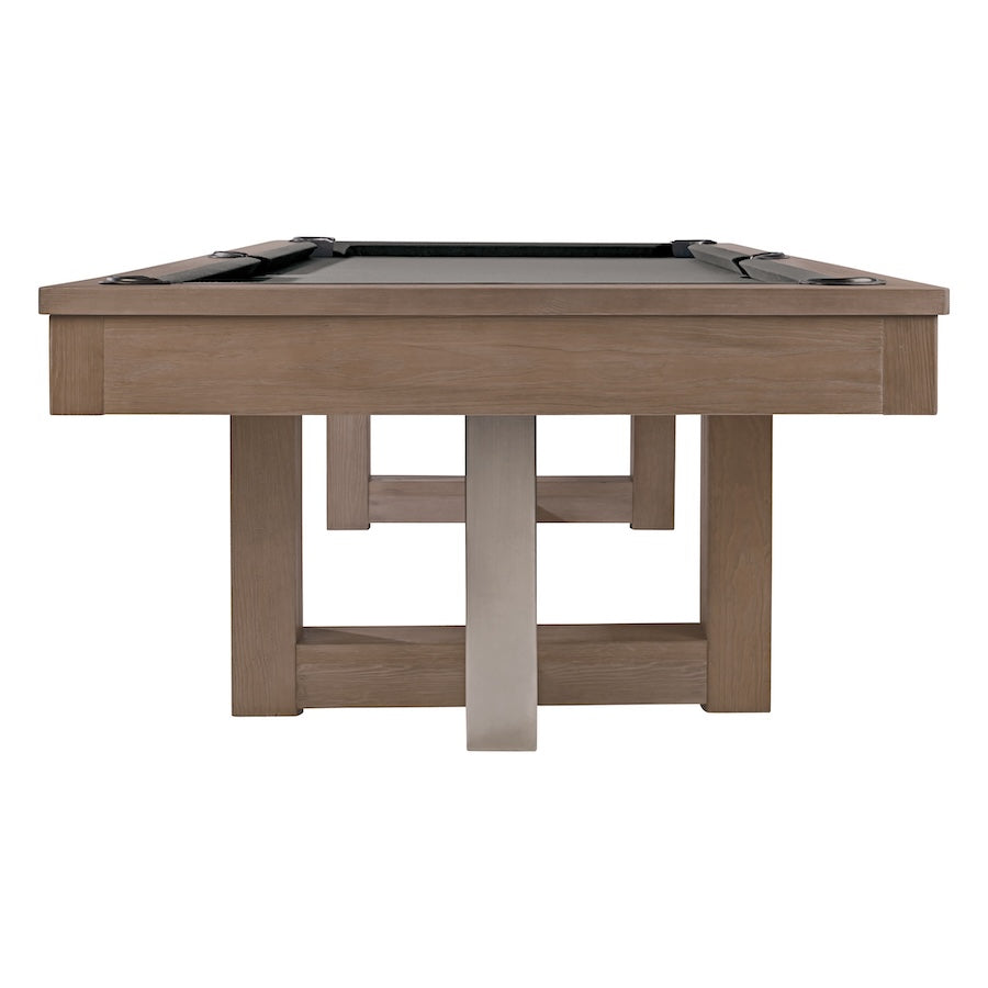 An end-of-the-table view of the American Heritage Abbey pool table in Antique Gray finish with gray felt color.