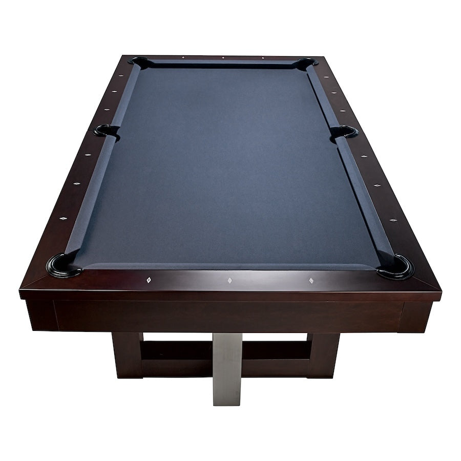 Elevated end view of the Abbey slate pool table designed by American Heritage with a blue gray cloth color.