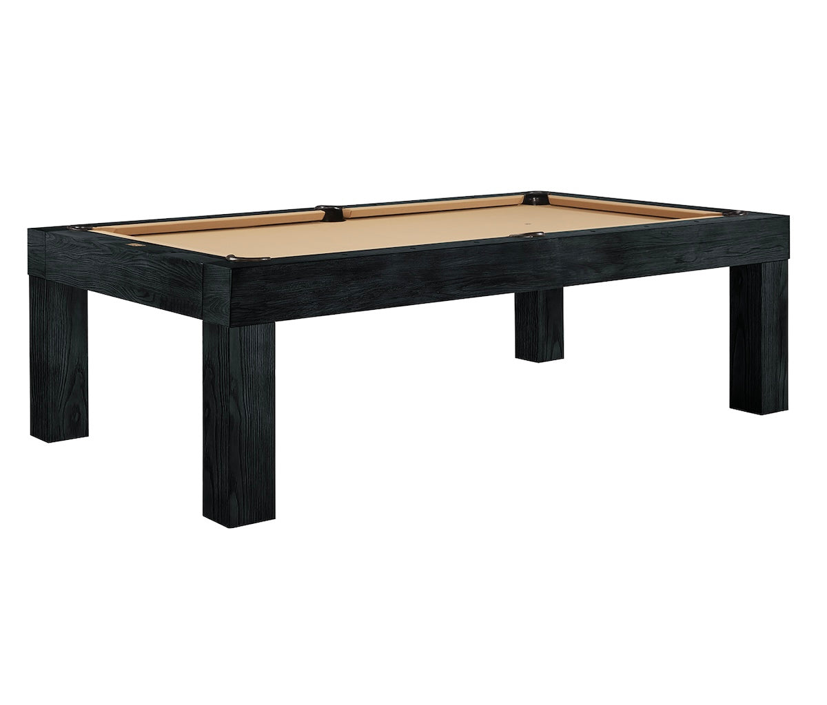The Alta slate pool table designed by American Heritage with khaki-colored felt and a Black Ash wood finish.