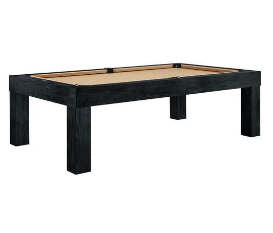 The Alta slate pool table designed by American Heritage with khaki-colored felt and a Black Ash wood finish.