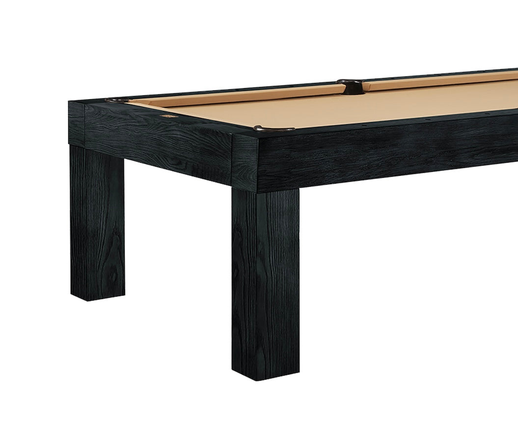 A close-up view of the American Heritage Alta slate pool table in khaki felt and a Black Ash finish designed.