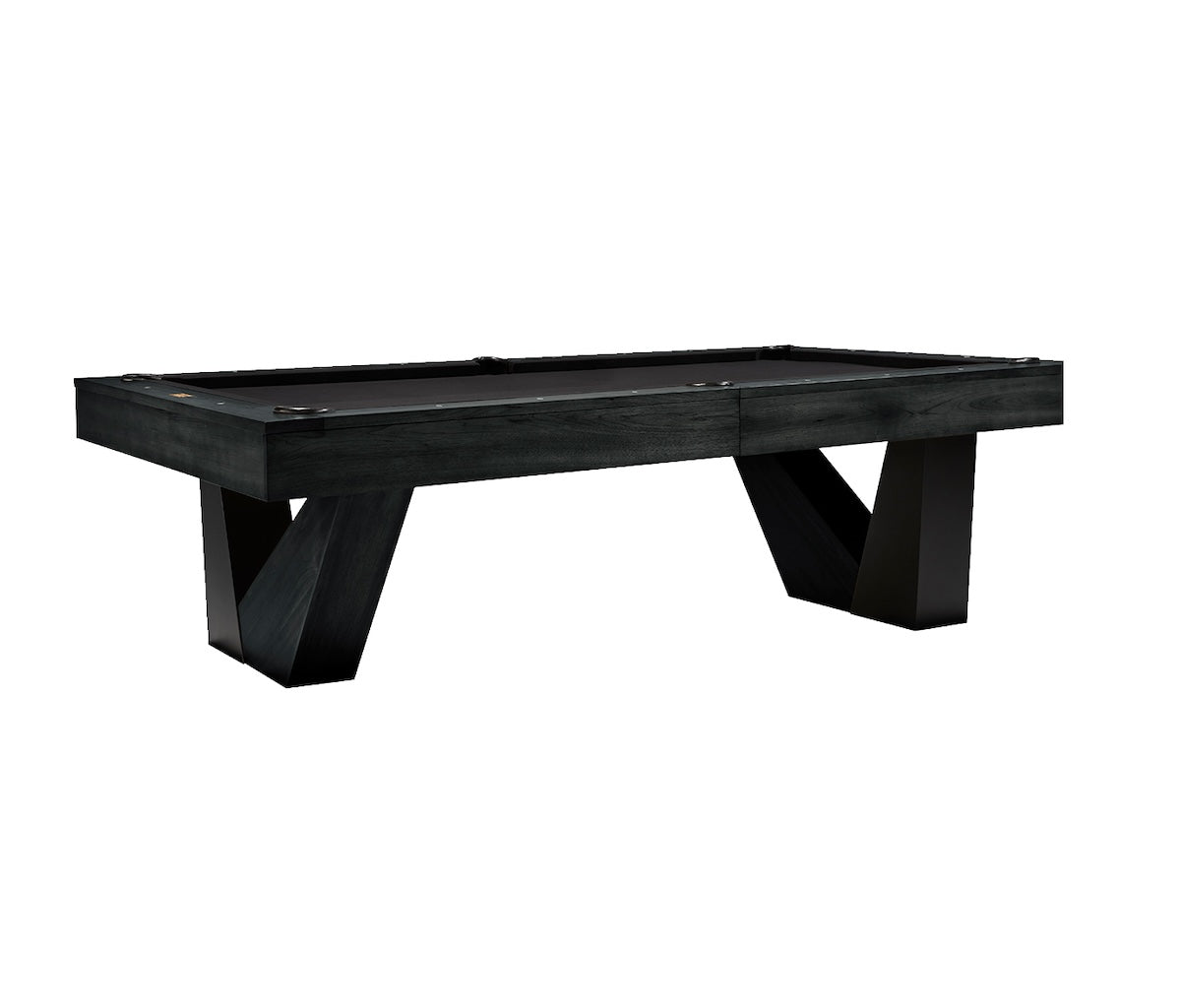 Angle view of the Annex slate pool table by American Heritage in a Black Ash wood finish pictured against a white background.
