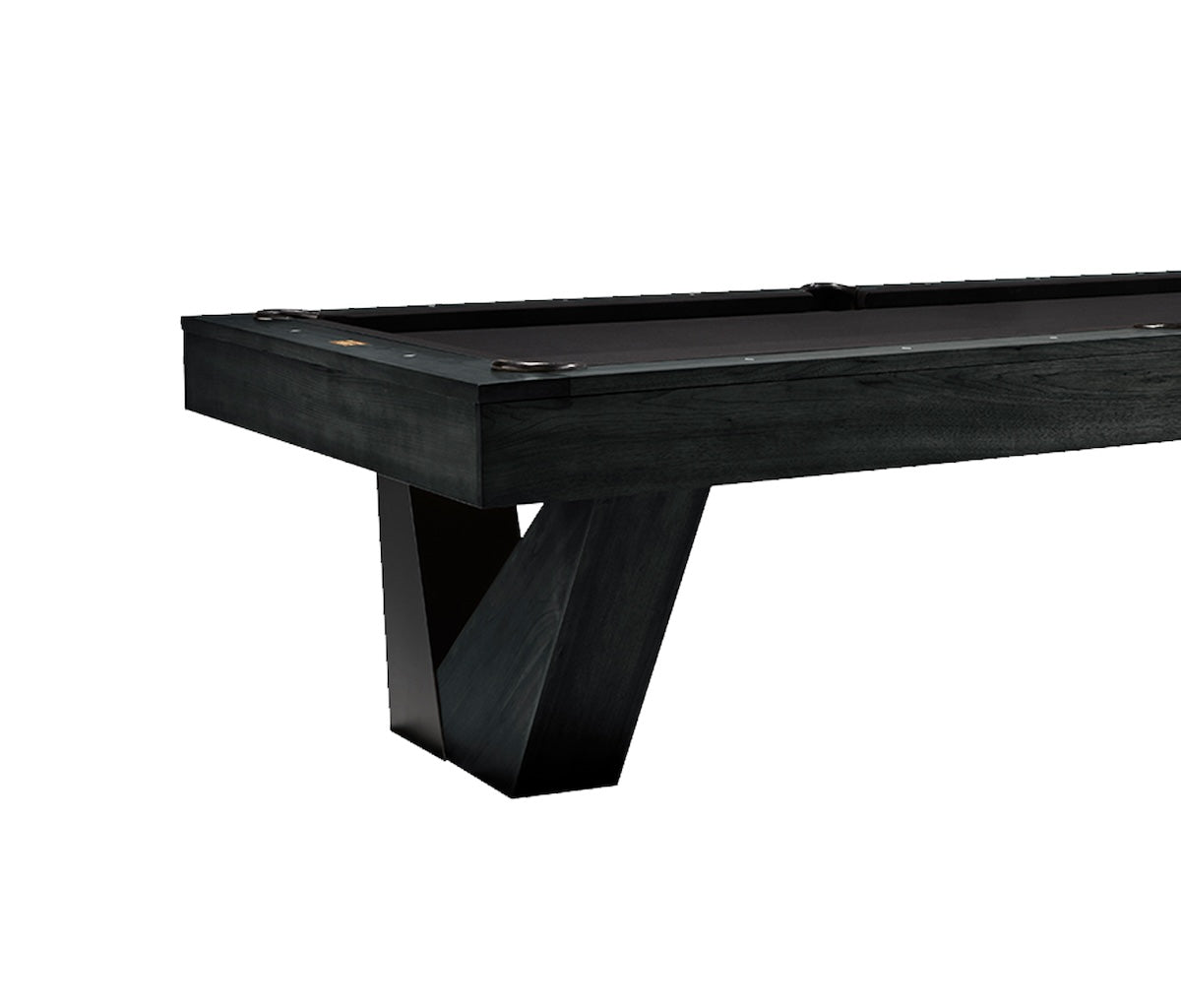 Close-up view of the legs of the American Heritage Annex slate pool table in a Black Ash finish and black felt.