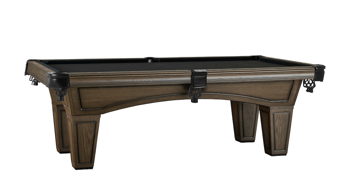 Angled side view of the Austin pool table designed by American Heritage with black felt and a Riverbank finish.