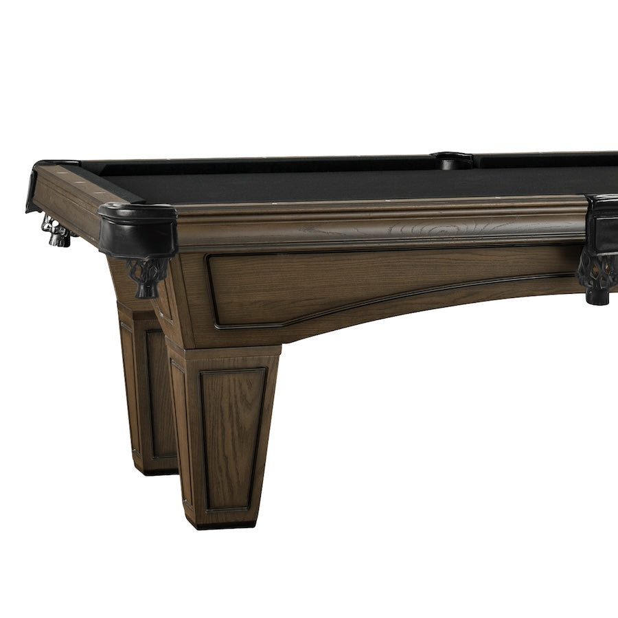 Close-up of the Austin slate pool table by American Heritage with black felt and a Riverbank finish.