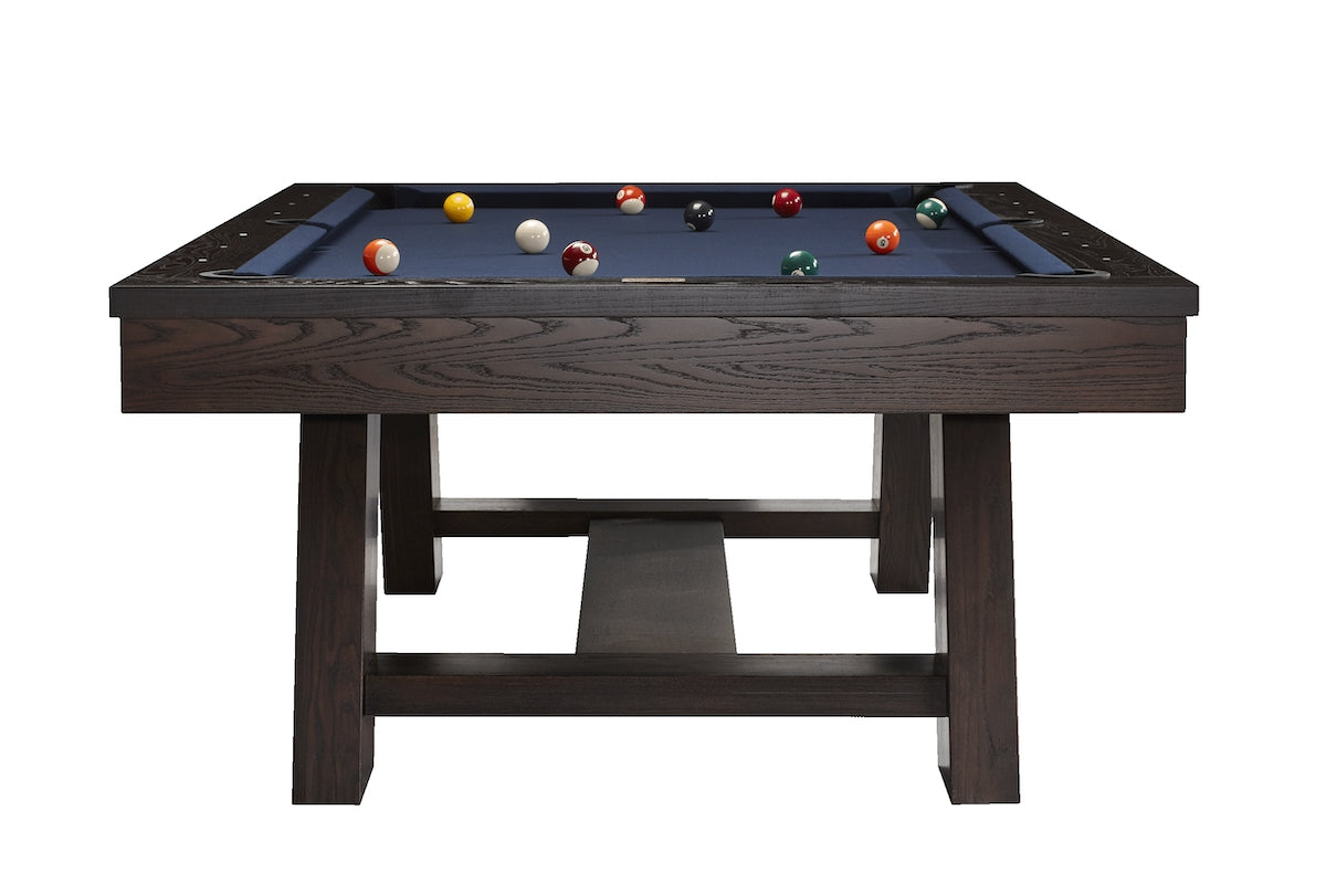 The Deerfield slate billiard table by American Heritage in blue felt and a Brushed Walnut wood finish.