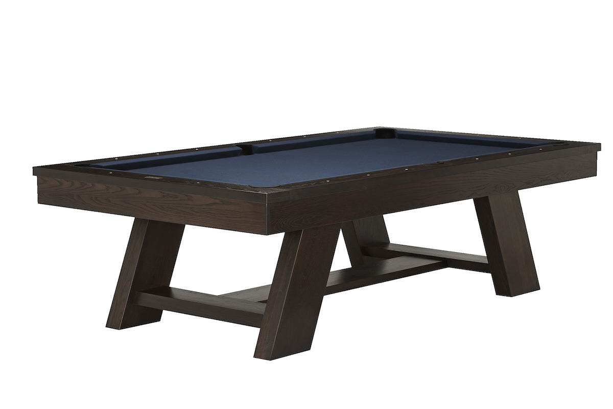The Deerfield slate pool table in Brushed Walnut and blue felt designed and manufactured by American Heritage.