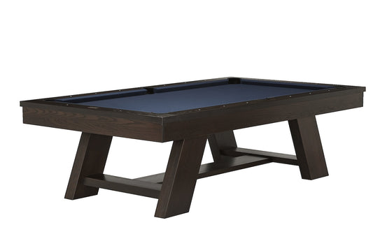 The Deerfield slate pool table in Brushed Walnut and blue felt designed and manufactured by American Heritage.