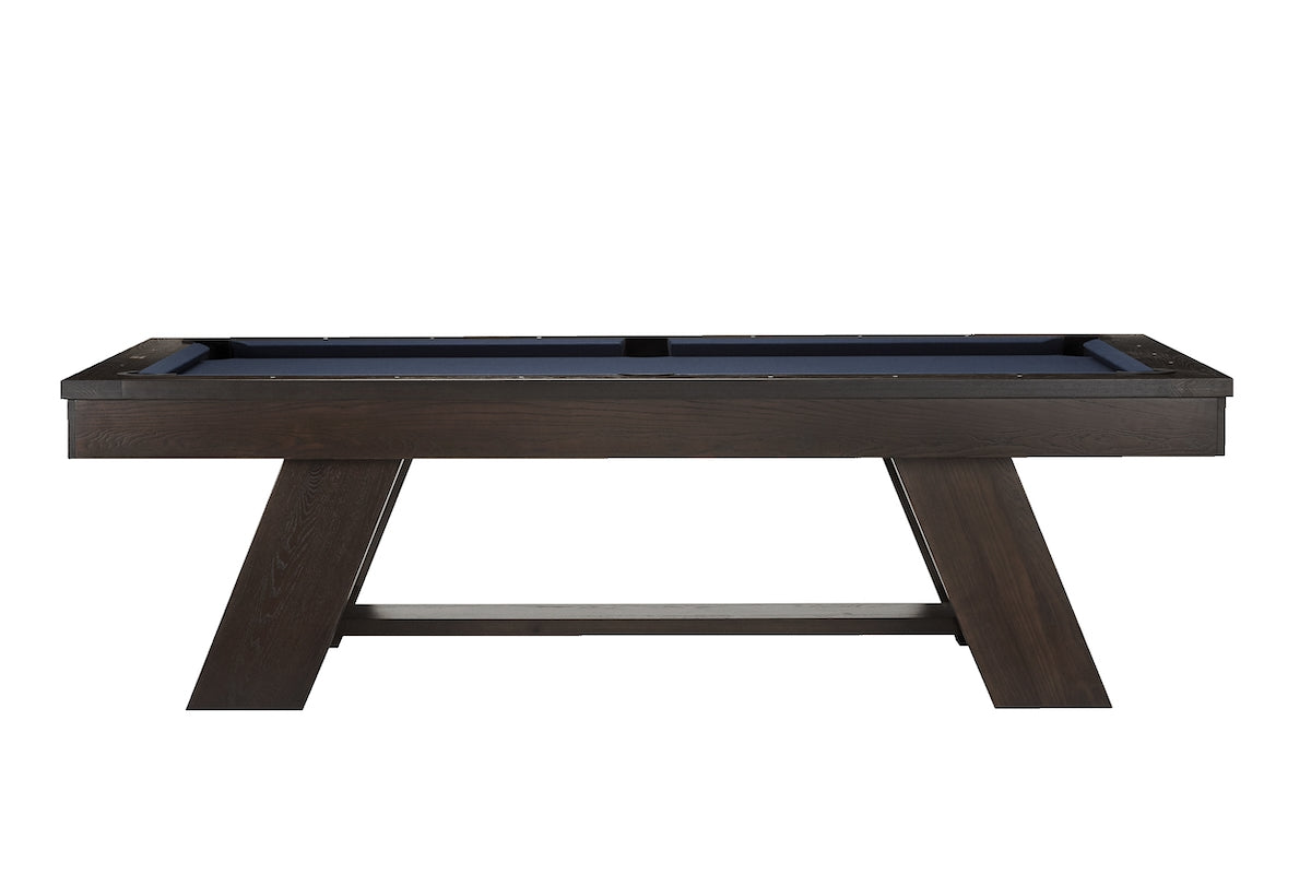 View of the long side of a Deerfield American Heritage slate pool table in Brushed Walnut and blue felt.
