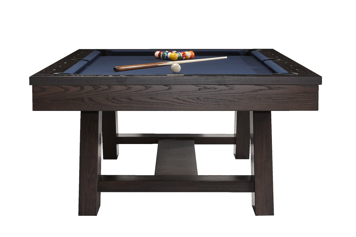 End view of the American Heritage Deerfield slate pool table set for a game of billiards.