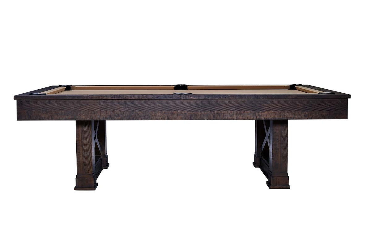 Side view of the Farmhouse slate pool table designed by American Heritage in khaki felt color and a Cappuccino finish.