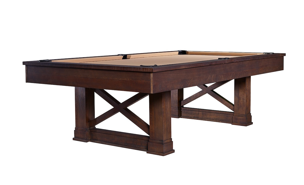 Corner view of an American Heritage Farmhouse billiard table with khaki felt and a Cappuccino finish.