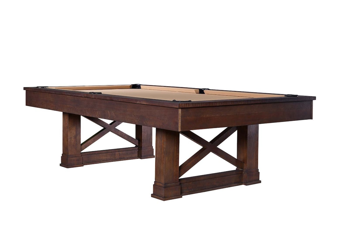 Left corner view of the Farmhouse slate pool table in khaki and a Cappuccino finish. Designed and manufactured by American Heritage.