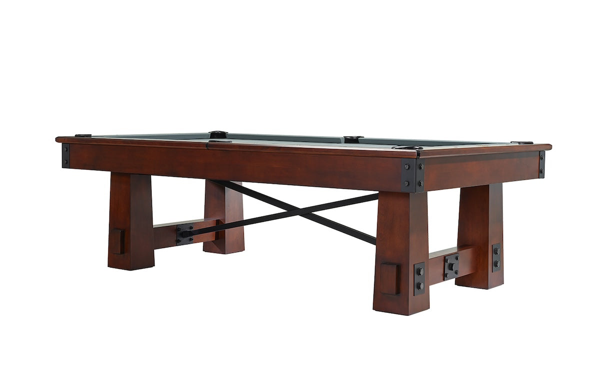 Fresco slate pool table by American Heritage in a Navajo finish and blue gray felt color.