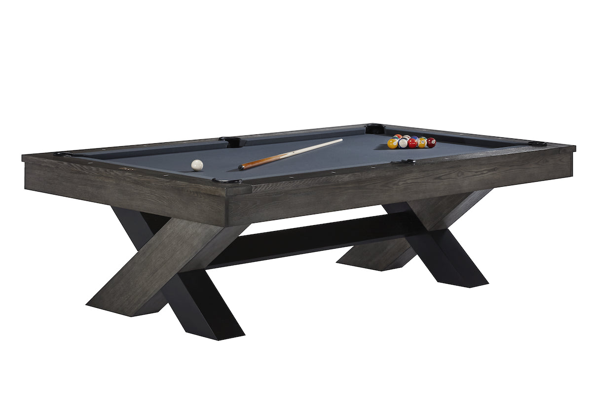 Angled view of the Halifax slate pool table with a Charcoal finish designed and manufactured by American Heritage.