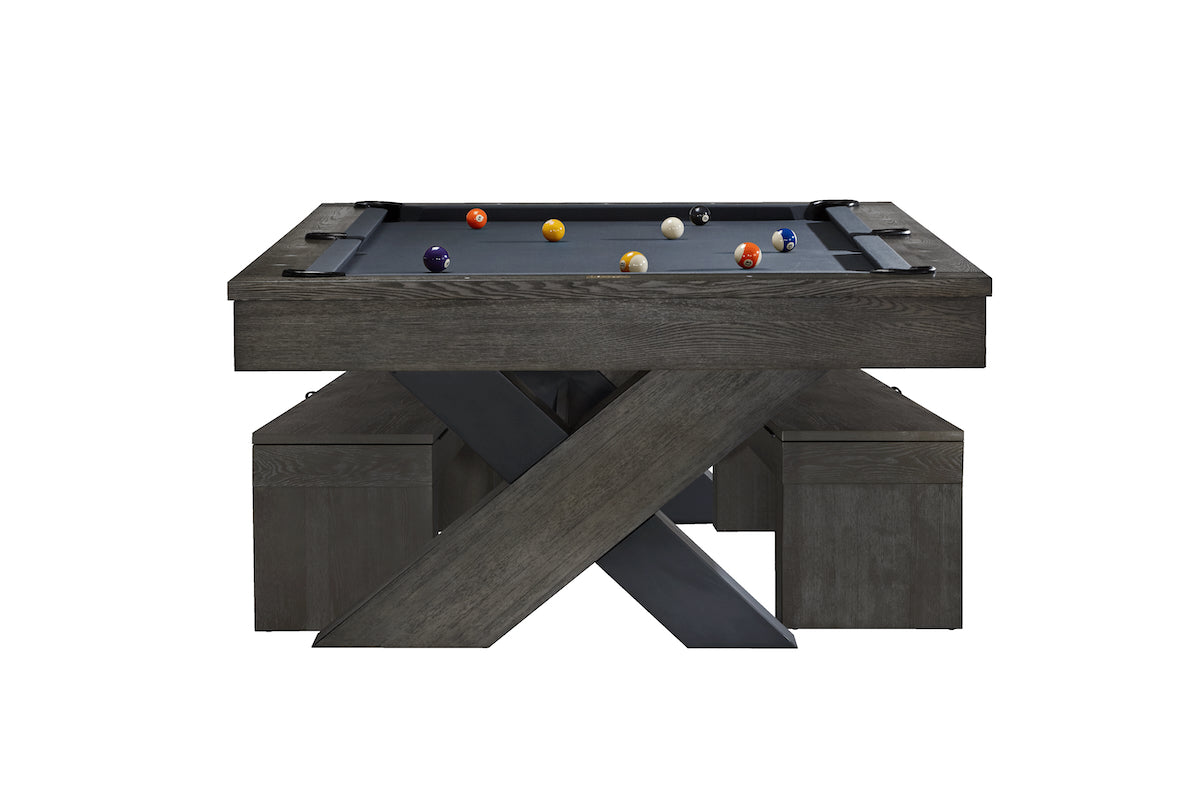 End view of the American Heritage Halifax slate pool table with storage benches in place underneath the pool table.