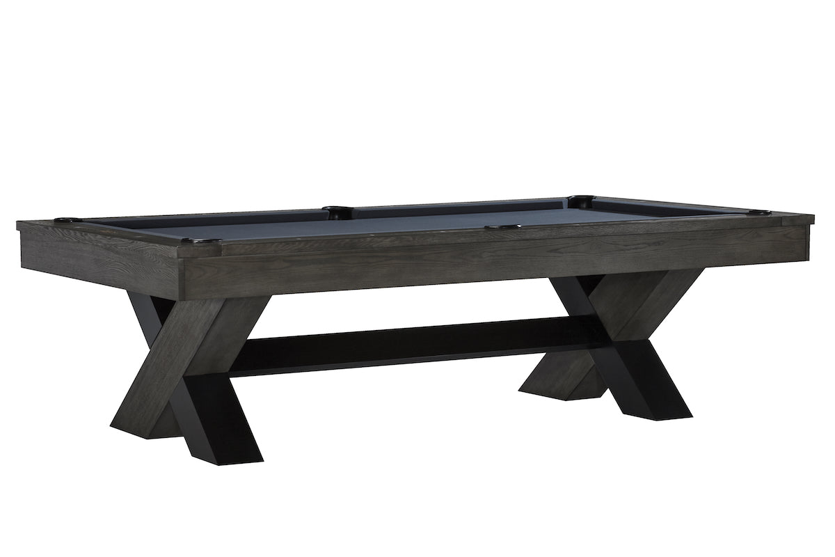 The Halifax slate pool table designed by American Heritage with a Charcoal finish with blue felt.