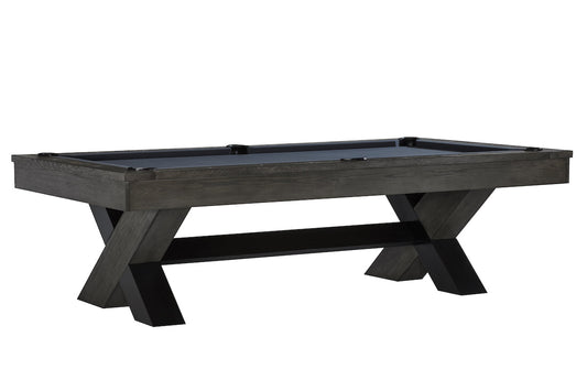 The Halifax slate pool table designed by American Heritage with a Charcoal finish with blue felt.