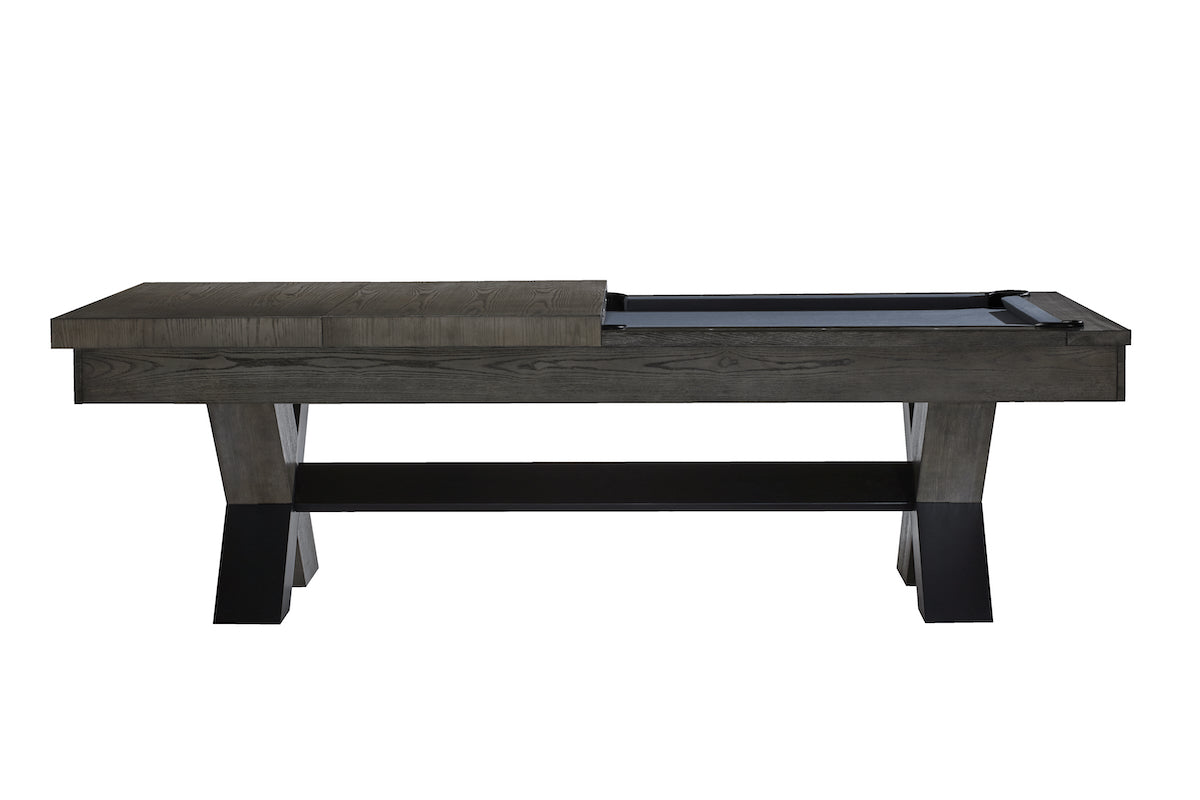 The Halifax slate pool table in Charcoal finish designed by American Heritage. Part of the dining top is placed on top of the pool table.