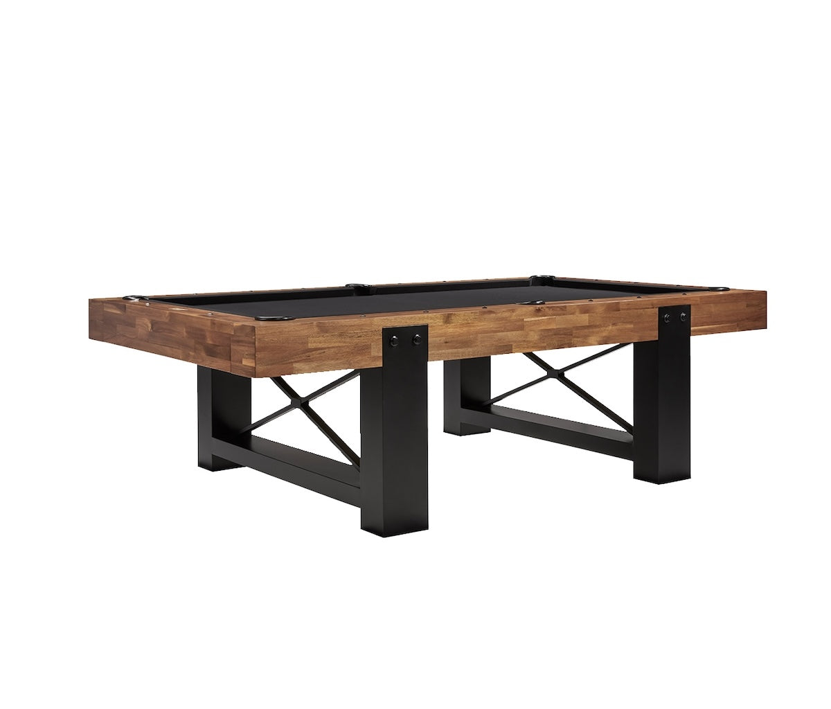 Angled shot of the American Heritage Knoxville slate pool table with black felt and an Acacia finish.
