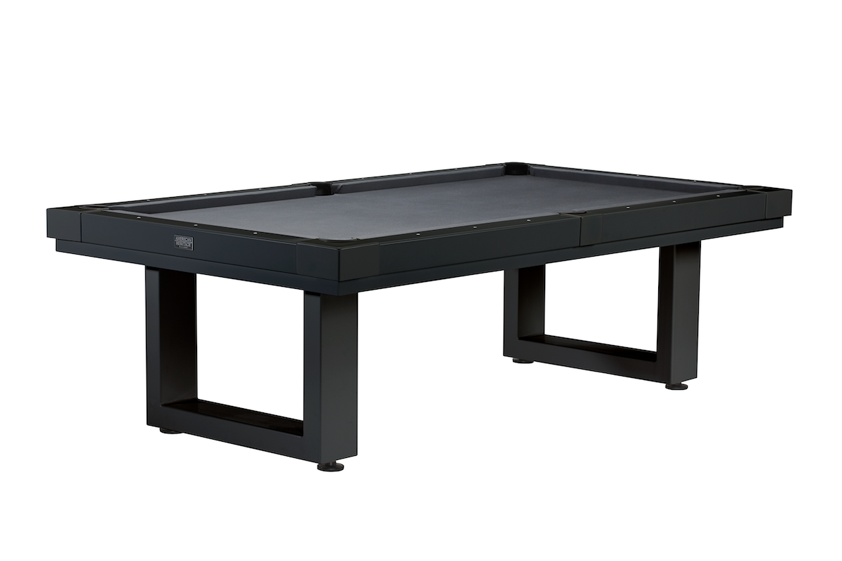 The Lanai slate pool table in an Obsidian Black finish and black felt designed by American Heritage.
