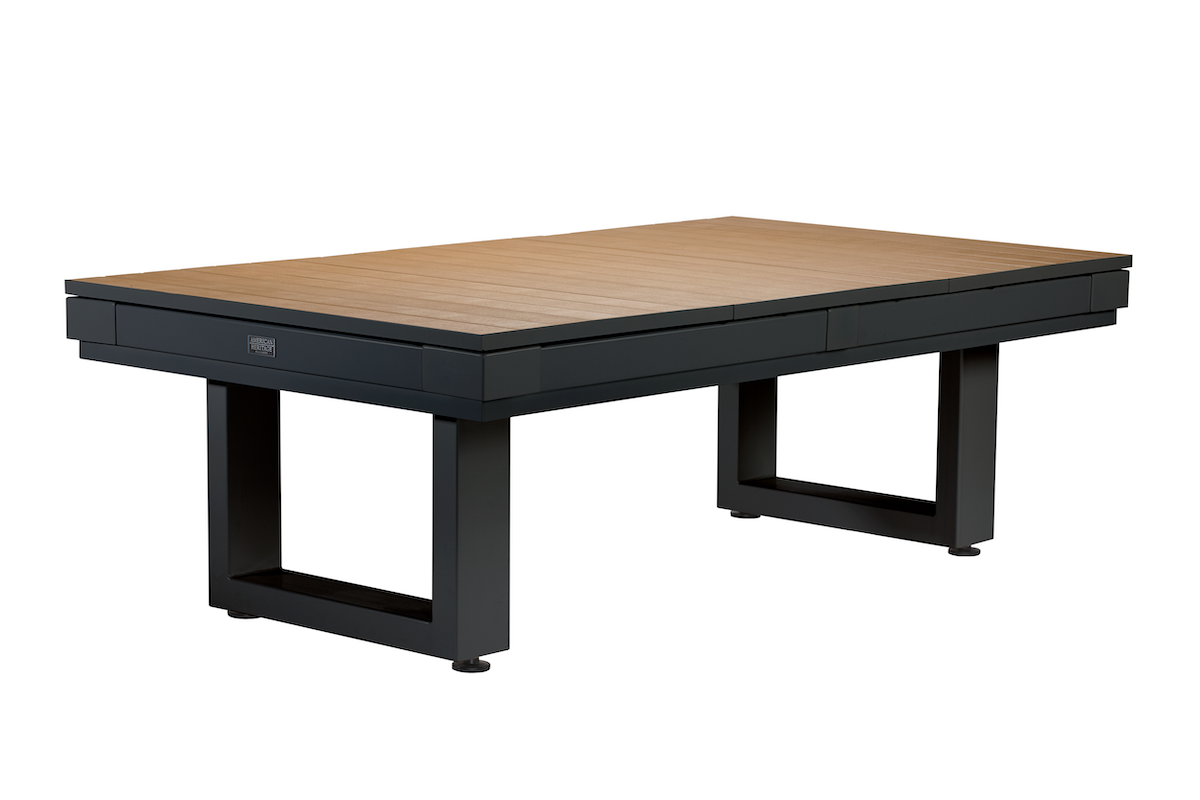 The American Heritage Lanai slate pool table in an Obsidian Black finish complete with a dining top.