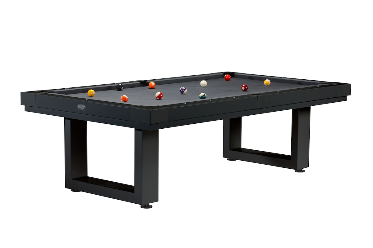 Angled view of the Lanai slate pool table in an Obsidian Black finish designed by American Heritage.