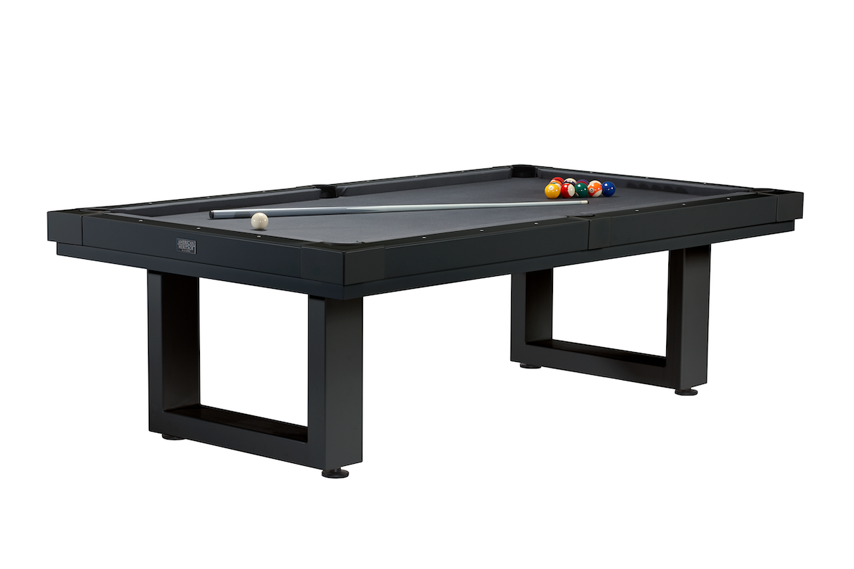 Angled side view of an American Heritage Lanai billiard table in an Obsidian Black finish with a pool balls and cue.