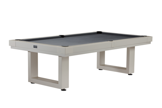 Angled view of the Lanai slate pool table in an Oyster Gray finish with black felt designed by American Heritage.