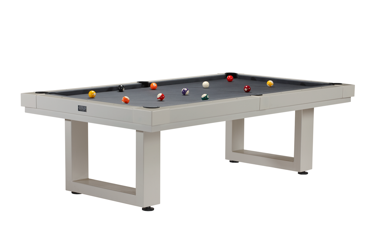 An corner view of the American Heritage Lanai outdoor pool table with an Oyster Gray finish and black felt.