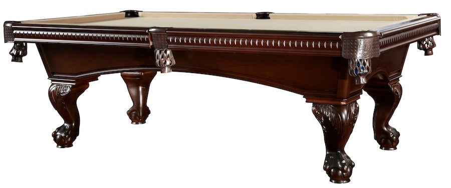 The American Heritage Marietta slate pool table in khaki felt with a Sable finish.