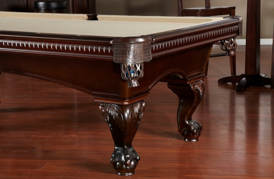 Close-up view of the American Heritage Marietta billiard table with a khaki felt color and a Sable finish.