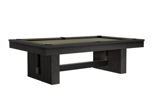 The Vancouver slate pool table in a Black Ash finish designed by American Heritage and covered with green felt cloth.