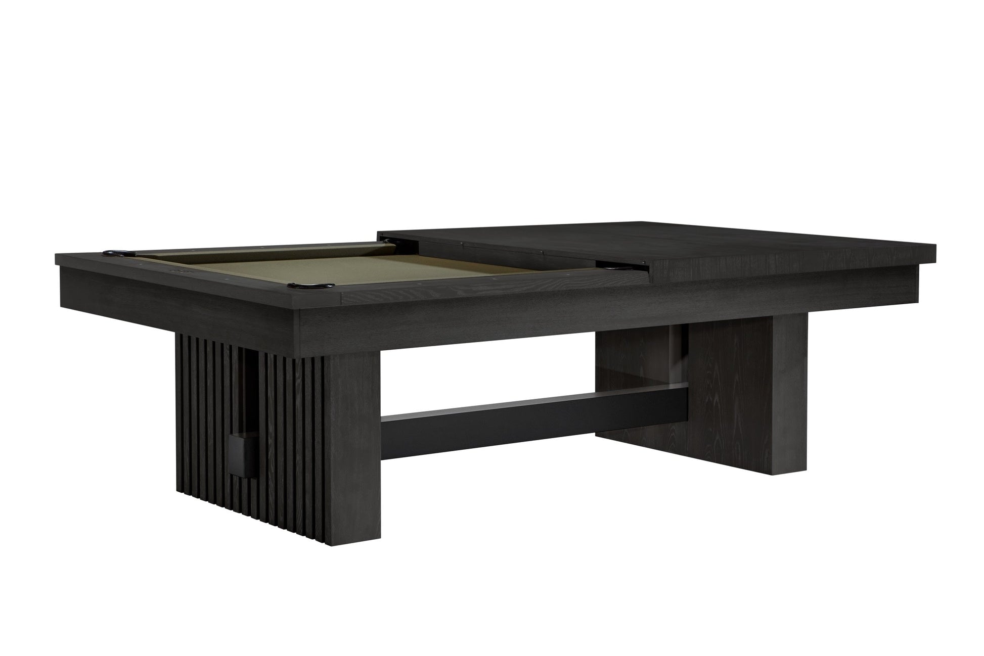 Angled view of the American Heritage Vancouver pool table in a Black Ash finish with half of the dining top in place.