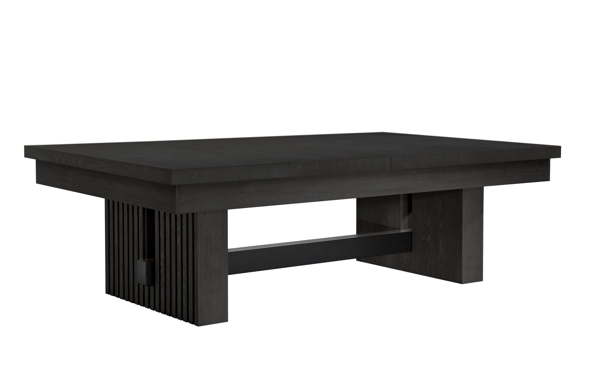 The Vancouver slate pool table in Black Ash with a dining top. Designed by American Heritage.