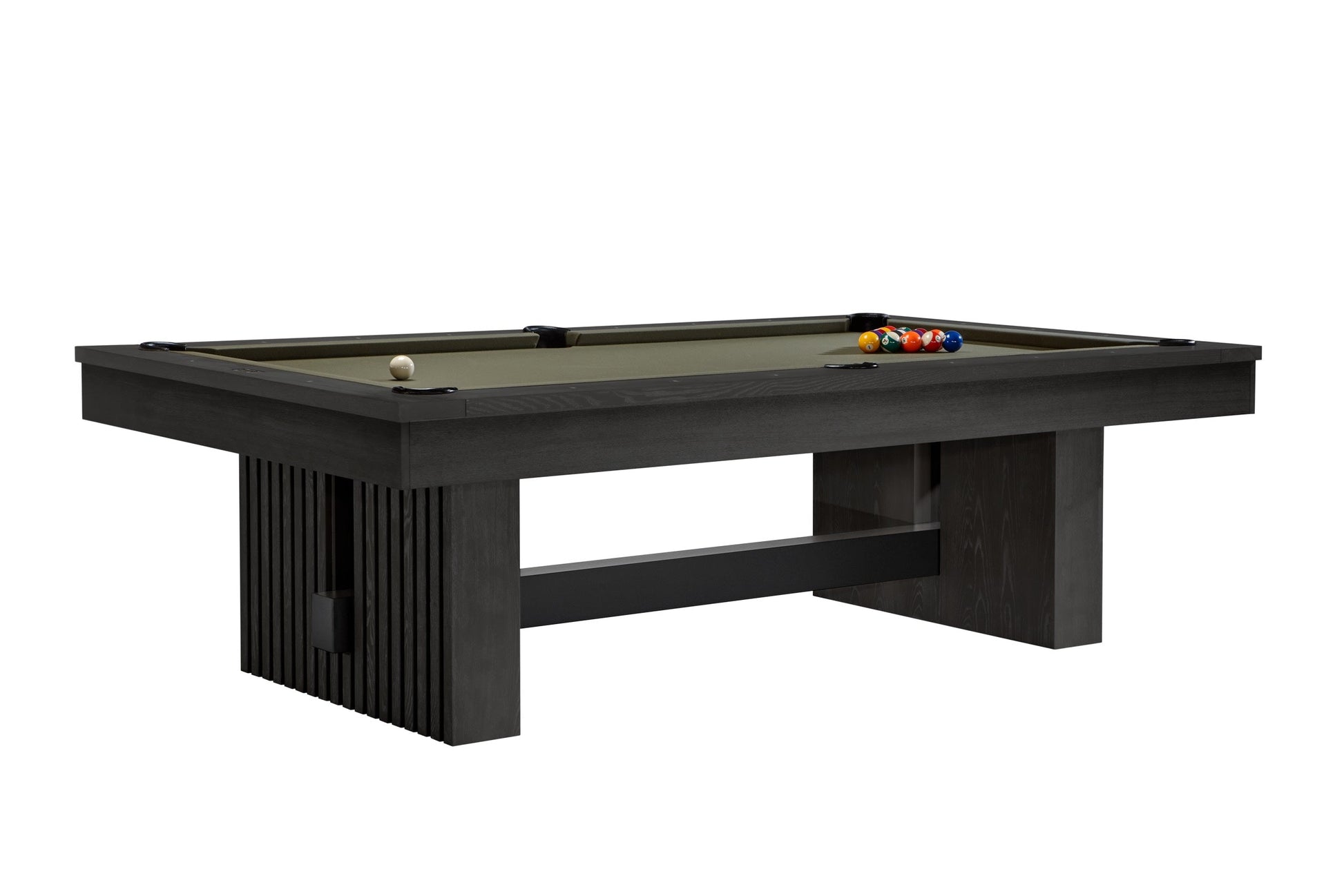 The Vancouver slate pool table by American Heritage with a Black Ash finish and green-colored felt set for a game of billiards.