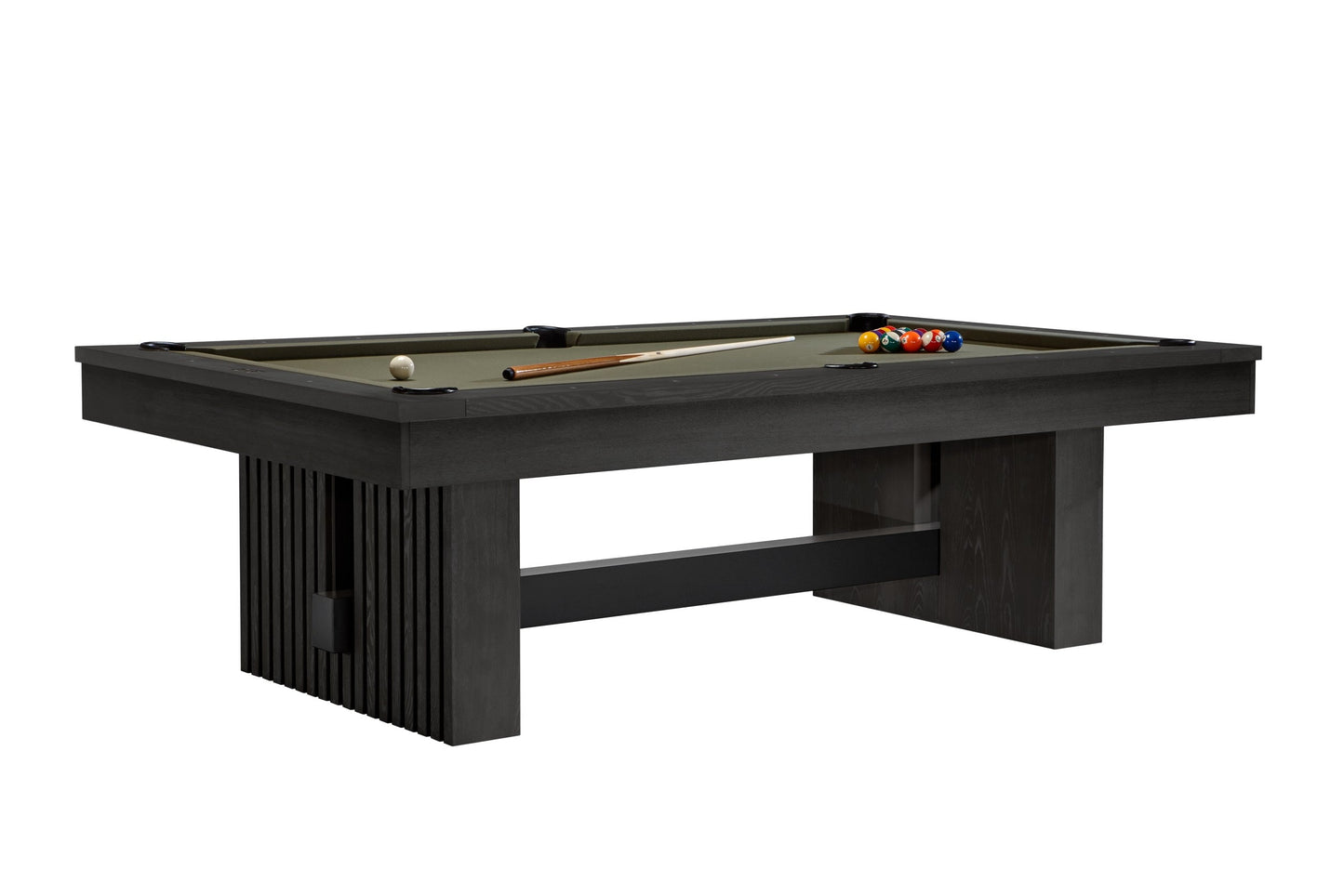 The Vancouver slate billiard table by American Heritage in a Black Ash finish. The table is set for a billiard game.