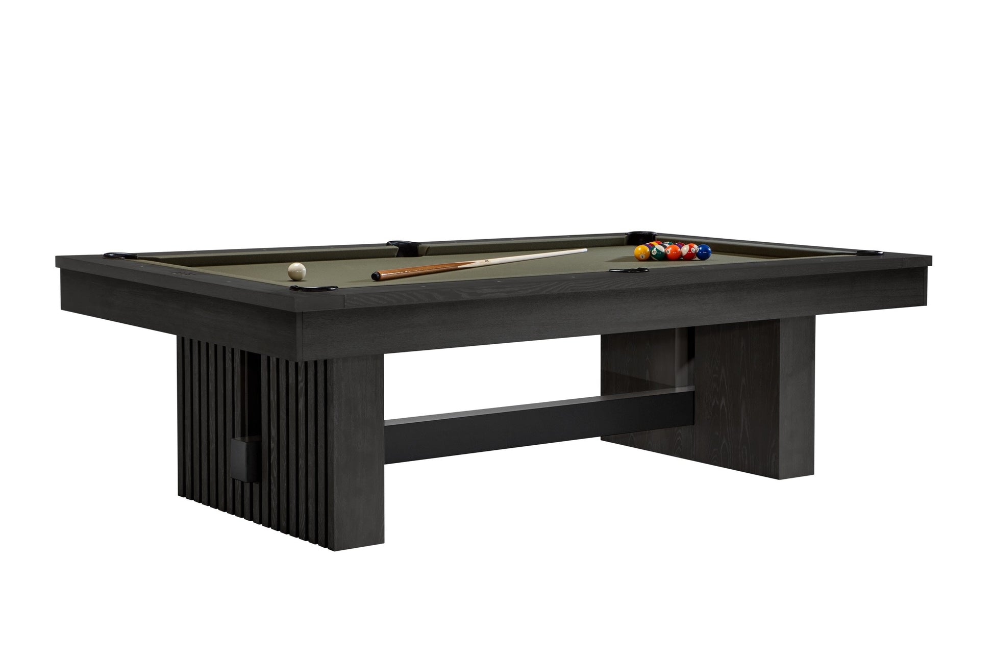 The Vancouver slate billiard table by American Heritage in a Black Ash finish. The table is set for a billiard game.
