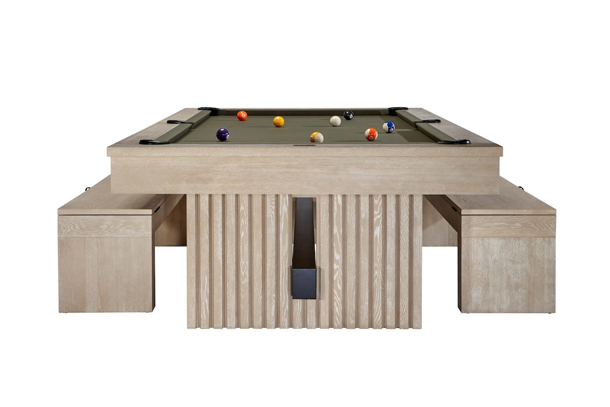 The American Heritage Vancouver slate pool table in a Natural Ash finish with two storage benches along either side.