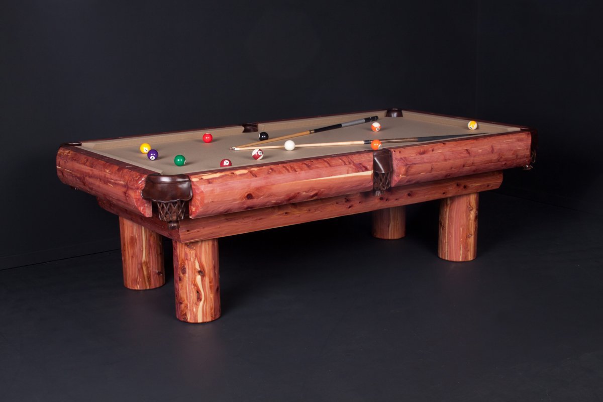 Viking Industries Red Cedar billiard table with musky red cedar wood, scalloped edges, tan felt, and rustic leather pockets.
