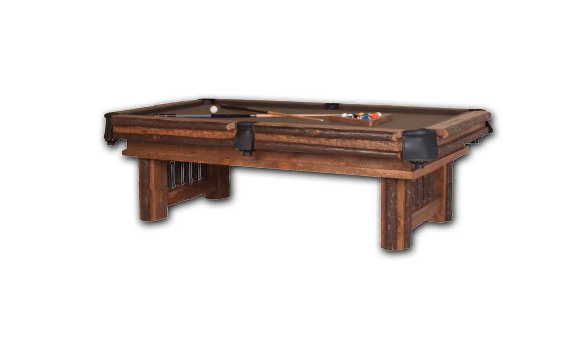Viking Industries Sawtooth Hickory pool table in rustic brown wood with sawtooth accents and tan felt playing surface with accessories.