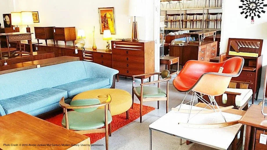 A room filled with mid century modern furniture at Atomic Junkies Mid Century Modern Gallery in Orlando, Florida.