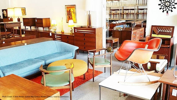 A room filled with mid century modern furniture at Atomic Junkies Mid Century Modern Gallery in Orlando, Florida.
