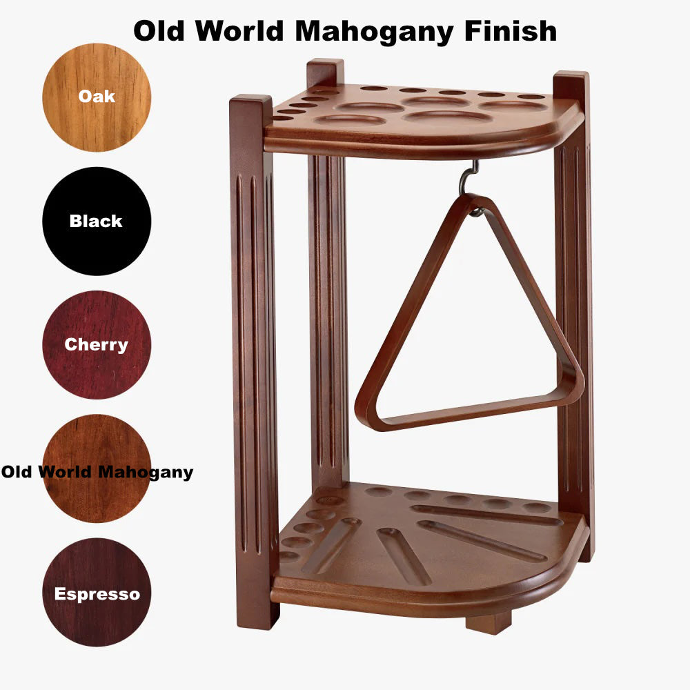 American Heritage 10-cue corner cue rack in an Old World Mahogany finish.